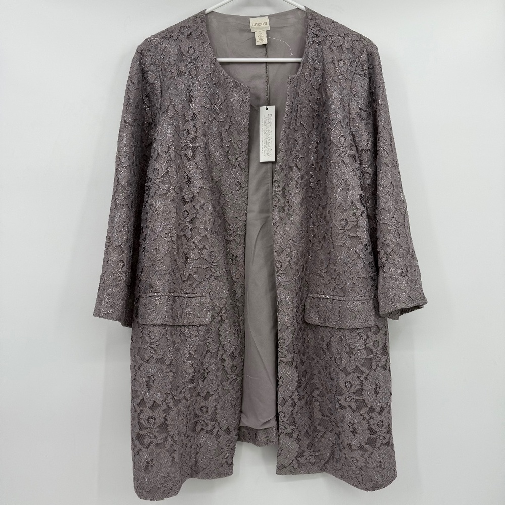 Chicos Duster Women Large NEW Purple Gray Lace Cardigan Evening Pockets Open